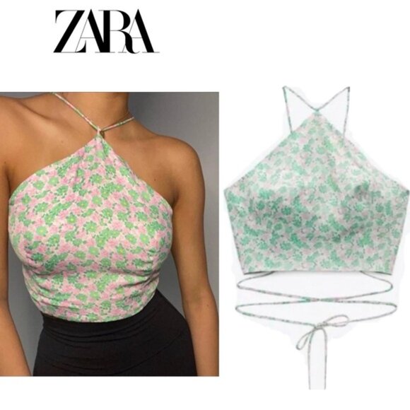 Zara pink green floral flower print halter crop top open back lace up L Summer - Picture 10 of 10